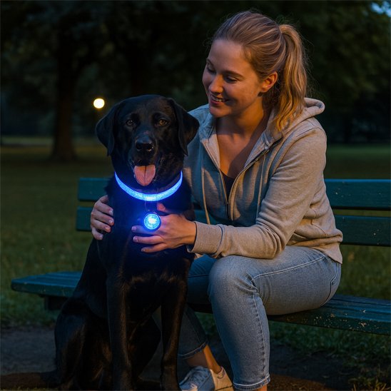 NightSafe collier lumineux bleu sur un chien noir a cote d'une femme assise sur un banc de parc
