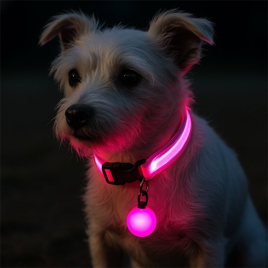 NightSafe collier lumineux rose sur un chien blanc