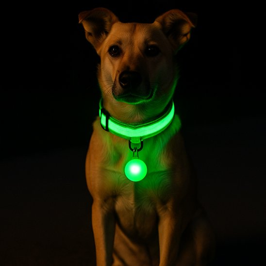 NightSafe collier lumineux vert sur un chien couleur caramel