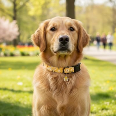 PawStyle collier chien jaune porter par un chien beige