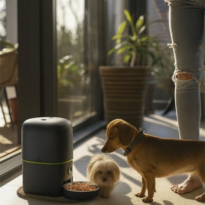 PetSchedule deux petits chiens beiges mange dans un distributeur automatique croquettes