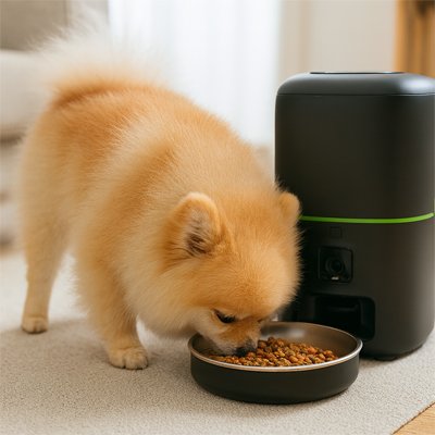PetSchedule un petit chien beige mange dans un distributeur automatique croquettes