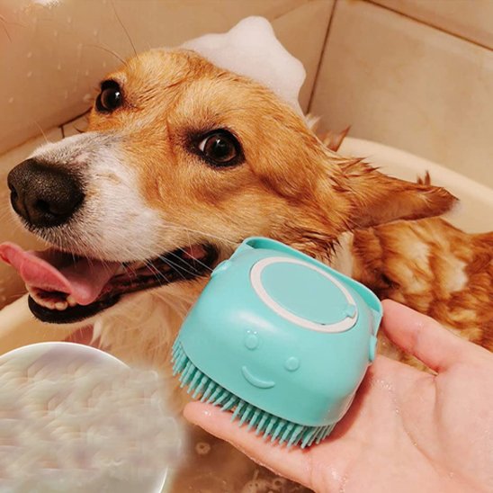 PoilNet une femme lave un chien brun avec la brosse pour chien bleu
