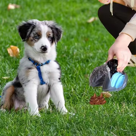 PooPick une femme utilise le ramasse crottes pour chien bleu avec son chiot