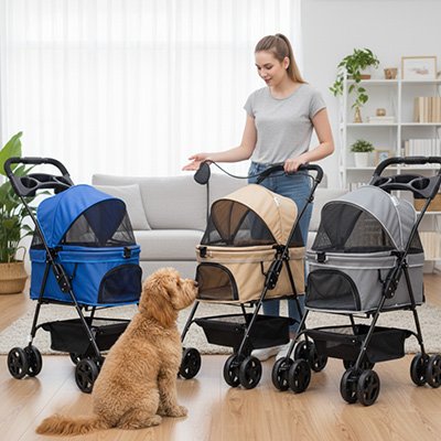 PuppyCruiser une femme derriere les trois couleurs de poussette kaki bleu grise