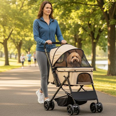 PuppyCruiser une femme pousse un chien beige dans une poussette pour chien kaki