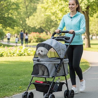 PuppyCruiser une femme pousse un chien blanc dans une poussette pour chien grise