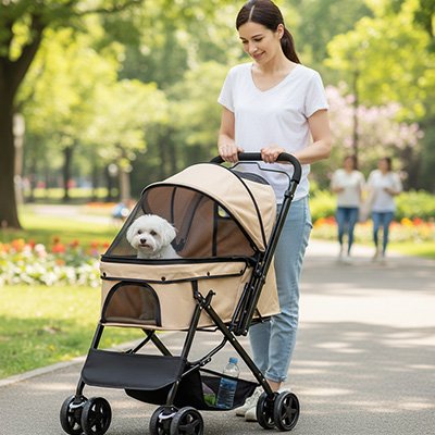 PuppyCruiser une femme pousse un chien blanc dans une poussette pour chien kaki