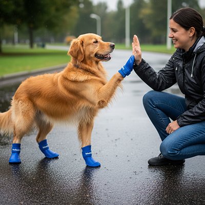  RainPaws un chien beige porte les bottes pour chien bleu et a la patte dans la mains d'une femme