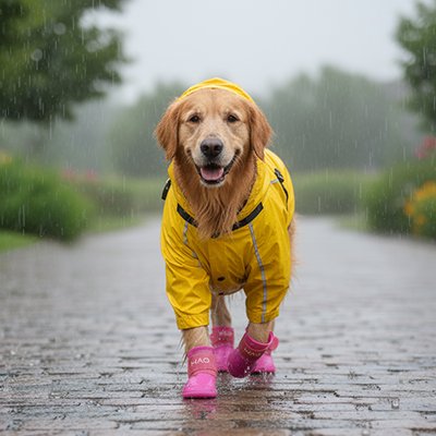  RainPaws un chien beige porte les bottes pour chien rose avec un imperméable jaune