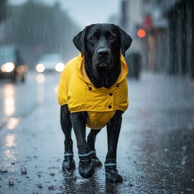  RainPaws un chien noir porte les bottes pour chien noir avec un imperméable jaune
