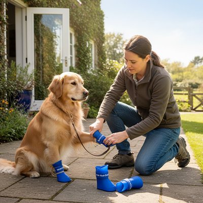  RainPaws une femme pose les bottes pour chien bleu un chien beige