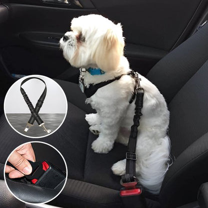 SafeDrive ceinture chien voiture noir attacher sur un chien blanc avec vu rapprocher de la ceinture et de la clip