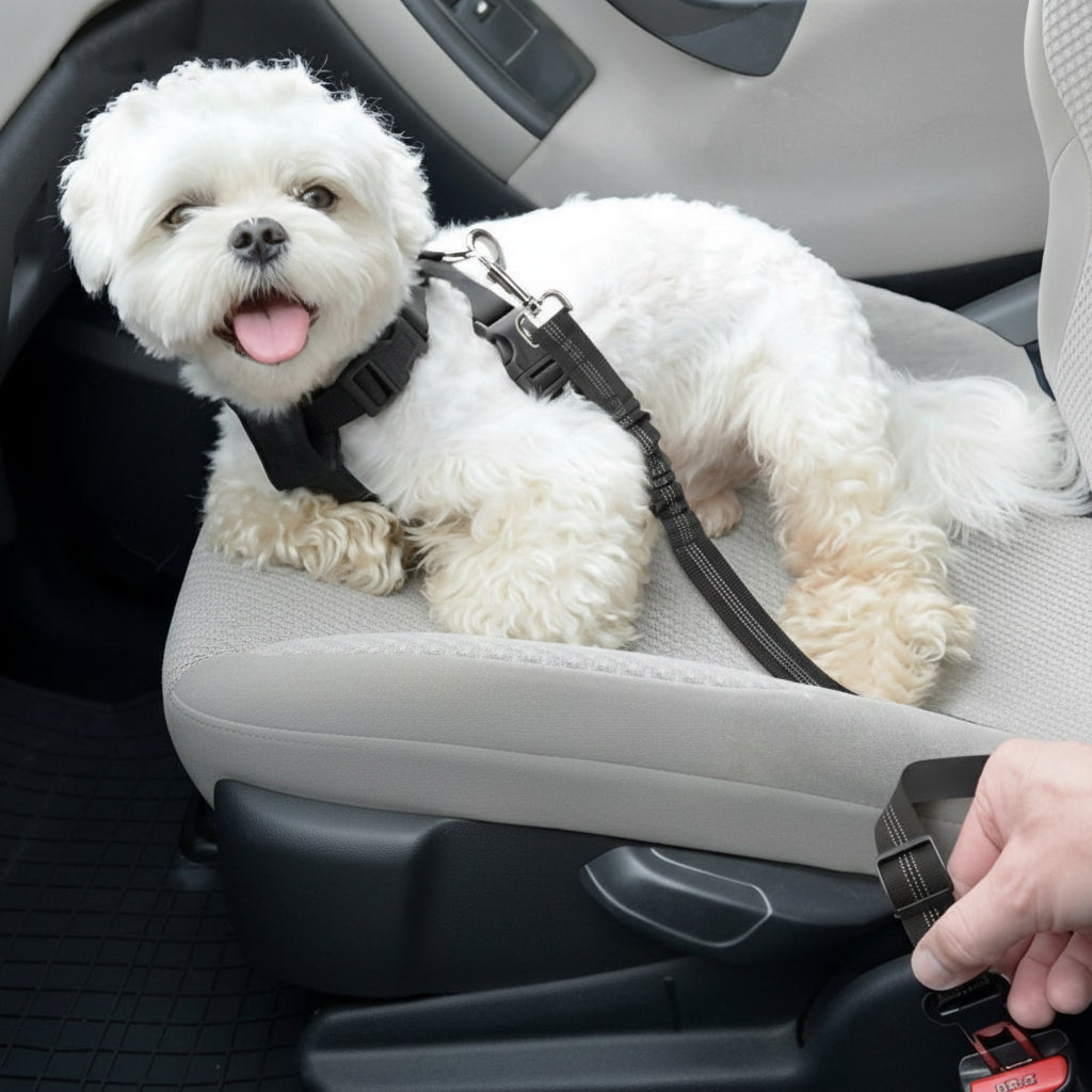 SafeDrive ceinture chien voiture noir attacher sur un chien blanc