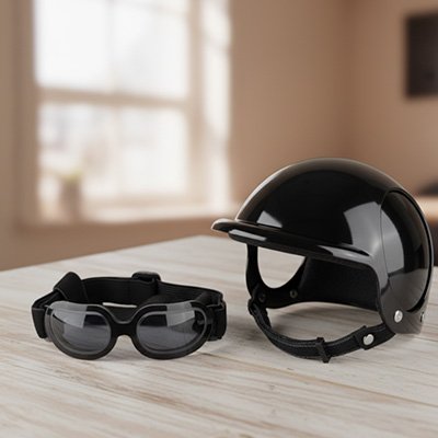 SafetyRide casque de moto pour chien et lunette noir poser sur une table pale