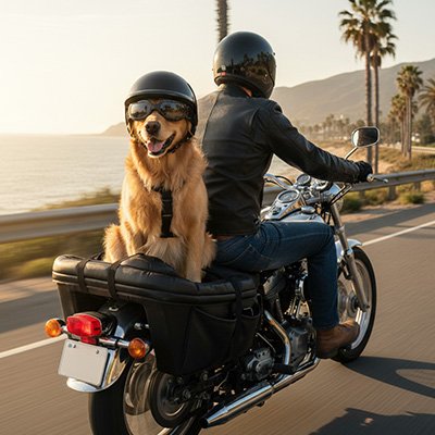 SafetyRide un chien beige passager sur une moto noir avec un casque et lunette noir vu arriere
