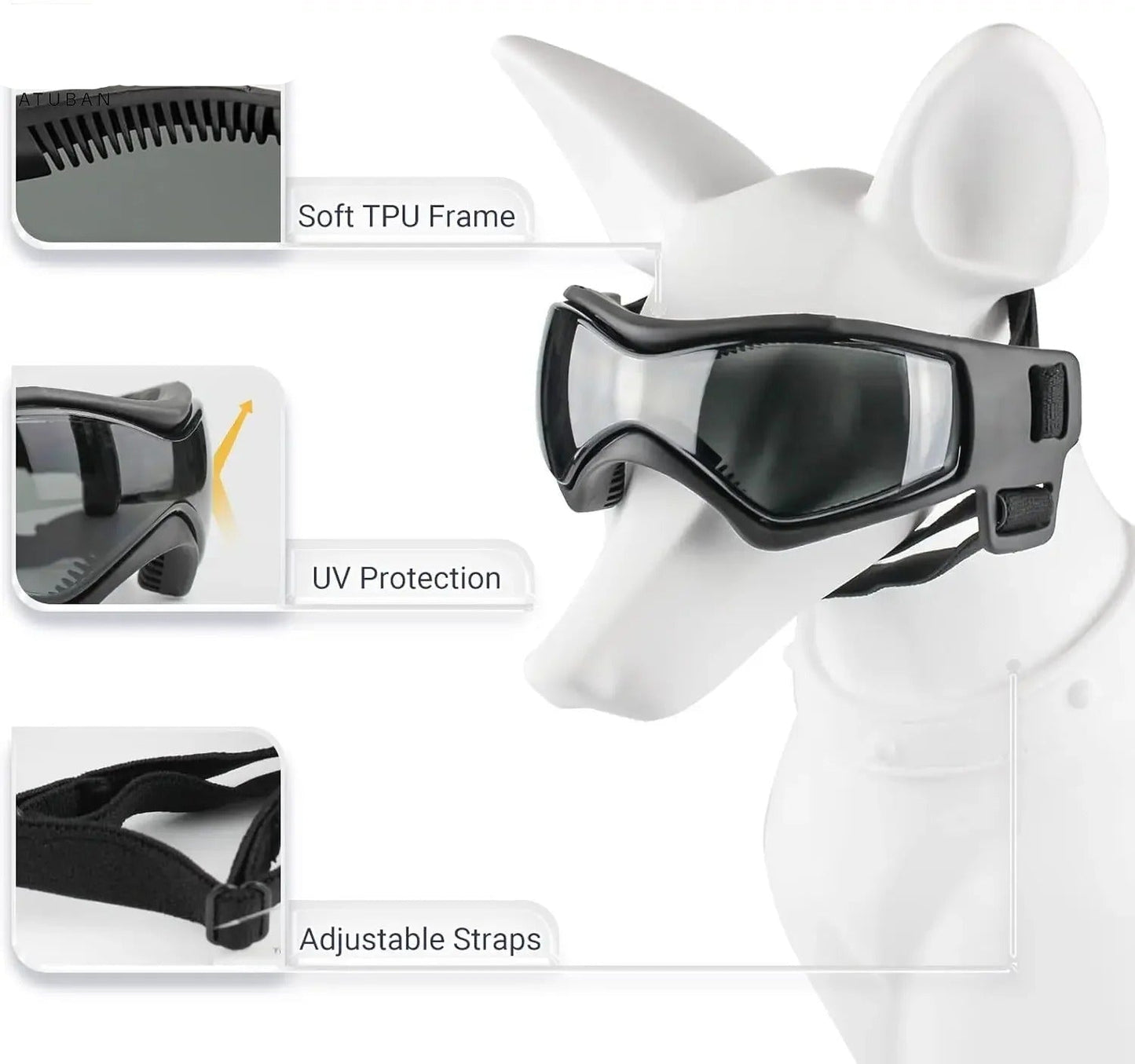 SafetyRide un mannequin de petit chien qui porte des lunettes de protection noirs