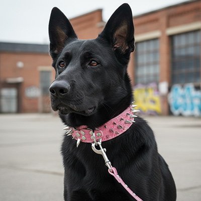 SteelDog collier chien clouter rose et silver sur un chien noir