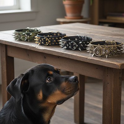 SteelDog les quatre couleurs de collier chien clouter poser sur une table