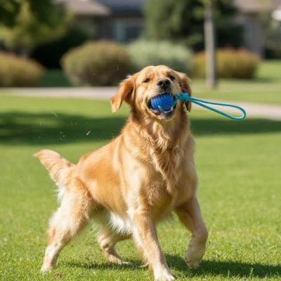Superball un chien beige joue avec la balle pour chien bleu
