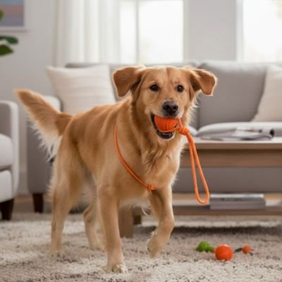 Superball un chien beige joue avec la balle pour chien orange