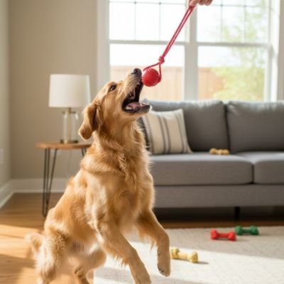 Superball un chien beige joue avec la balle pour chien rouge
