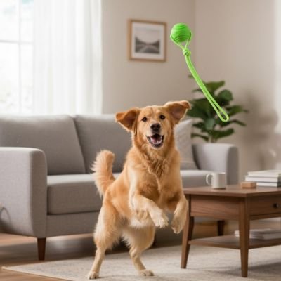 Superball un chien beige joue avec la balle pour chien verte