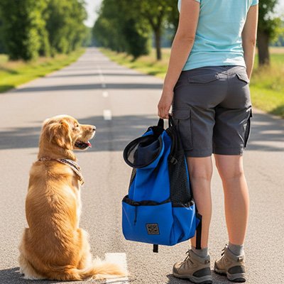  Trekk Comfort sac a dos de transport pour chien bleu dans les mains d'une femme