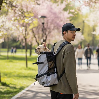 Trekk_Comfort sac a dos de transport pour chien gris dans le dos d'un homme