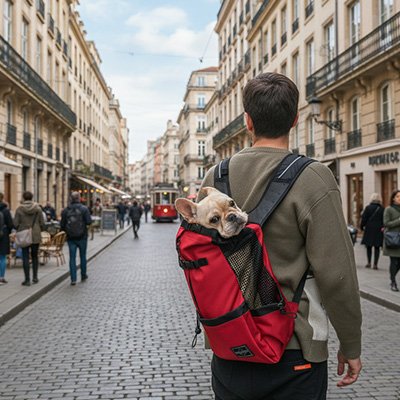  Trekk Comfort sac a dos de transport pour chien rouge dans le dos d'un homme