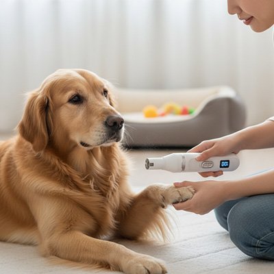 Ultra-tonte une femme tond la patte son chien beige