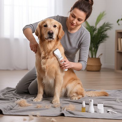 Ultra-tonte une femme tond son chien beige
