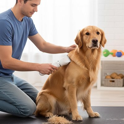 Ultra-tonte une homme tond son chien beige