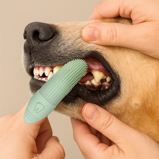UltraFresh brosse a dent chien sur le doigt d'une femme dans la bouche de son chien beige