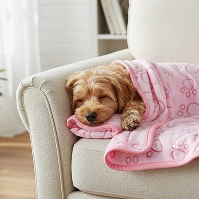 Velours Canin un chien beige coucher dans une couverture chien rose