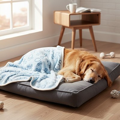Velours Canin un chien beige coucher sous une couverture chien bleu