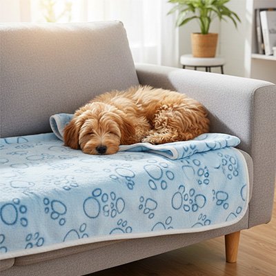 Velours Canin un chien beige coucher sur une couverture chien bleu