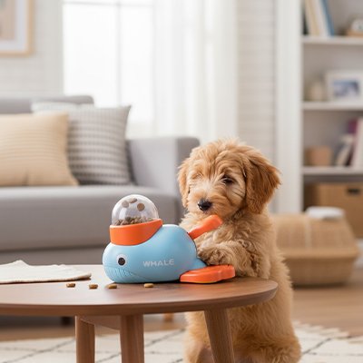 WhaleFood jouet chien bleu avec un chiot beige