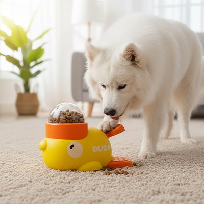 WhaleFood jouet chien jaune avec un chien blanc