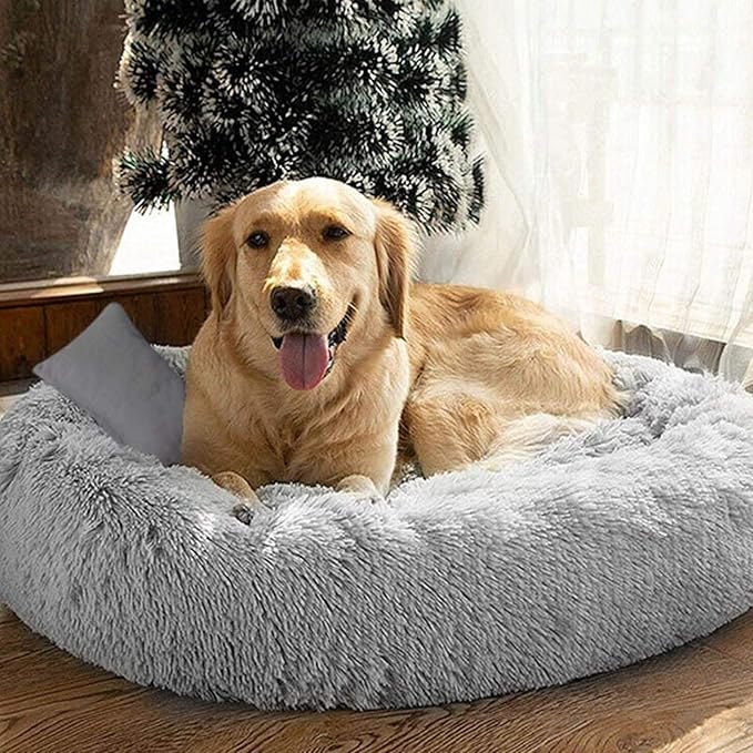 doggypouf coussin doux pour chien gris pale avec un chien beige