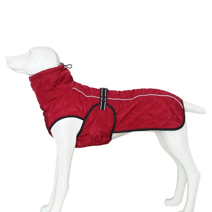 duveto confort manteau rouge vu de coté sur un mannequin de chien
